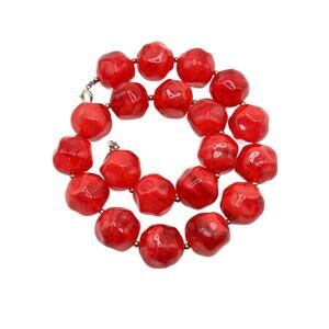 Necklace Red Lucite Vintage Glossy Beads Faceted Marbled Chunky 1950's 19" RARE